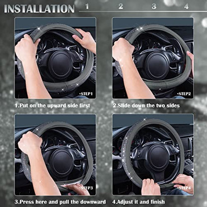 CAR PASS Bling Diamond Leather Steering Wheel Cover, with Bling Sparkly Crystal Glitter Rhinestones Universal Fit 14" 1/2-15" Car Wheel Protector for Women Girl Fit Suvs,Vans,Sedans,Cars,Trucks, Gray - color: Gray Diamond