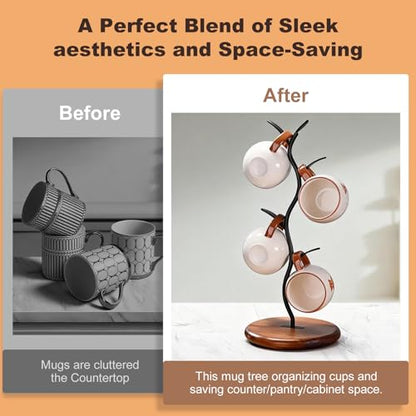Mug Tree Holder, Bronze Metal Leaf Branch & Solid Wood Base Mug Holders, Countertop Coffee Mug Trees Organizer for Kitchen, 4 Hooks, Sleek Modern Decor for Coffee Station