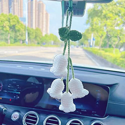 Handmade Knitted Rear View Mirror Pendant Ornament, Cute Car Accessories Aesthetic, Kawaii Car Decor for Home Decorative Pendants - style: White