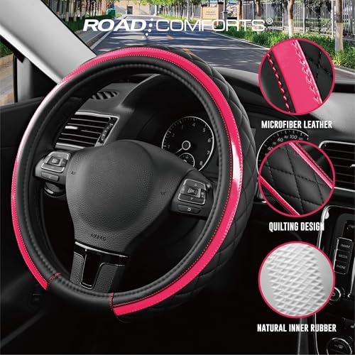 Road Comforts Leather Steering Wheel Cover – Black & Hot Pink, Universal Fit 14.5-15 Inch, Microfiber Leather, Anti-Slip & Breathable Design for Men and Women - color: Hot Pink