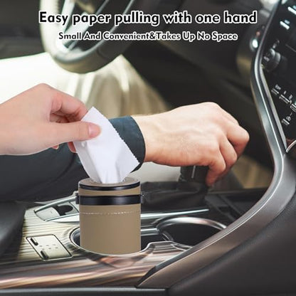 2 Pcs Car Tissues Cylinder Leather Round Tissues Container Car Tissues Holder with Tissues Cylinder Tissue Box with Window Breaker for Car Vehicle Bathroom Office (Beige + Black)