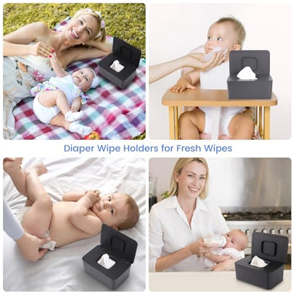 Baby Wipes Dispenser & Wipes Holder - Non-Slip Refillable Baby Wipes Container with Sealing Lid, Keeps Wipes Fresh, Portable Wipes Case for Travel & Home (Black) - color: Black