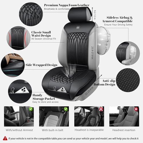 CAR PASS Car Seat Protector, Sideless Seat Covers for Cars, All Season Waterproof Nappa Leather Breathable Front Seats Cushion with Storage Pocket Universal Fit Vehicle Car SUV Truck, 2 Pack All Black - color: Black