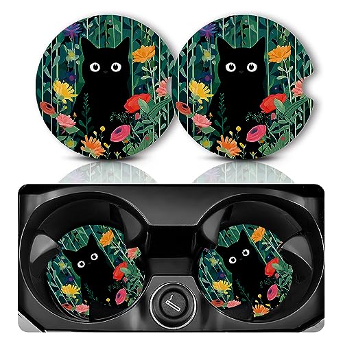 Yonlevres Car Coasters for Cup Holders，2.75" Anti Slip Rubber Mat with A Finger Notch, 2 Pack Car Cup Holder Coasters for Car Interior Accessories for Women Men Flower Balck Cat - color: Flower Balck Cat