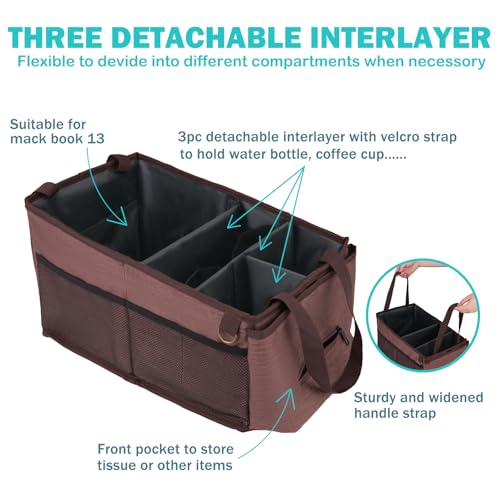 HEYSKAY Car Seat Organizer-Passenger Seat Organizer, Collapsible Small Car Seat Organizer for Console Front/Back, Car Caddy Organizer with 4pc Drink Holders Automotive Backseat Organizer for Kids - color: Brown