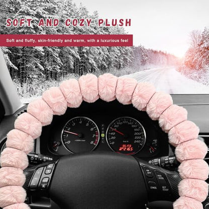 Fluffy Car Steering Wheel Cover, Soft Warm Plush Vehicle Steering Wheel Protector, 14.5-15 Inches Cute Anti-Slip Automotive Handle Cover for Women Girl, Car Accessories (Pink) - color: Pink