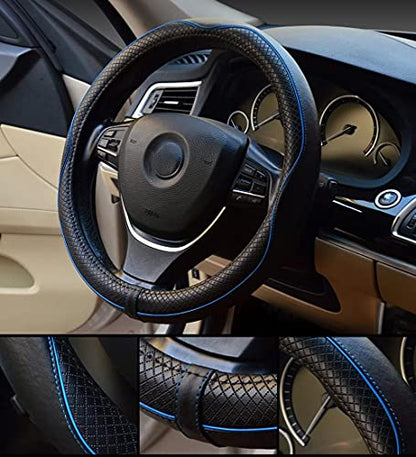 Valleycomfy Steering Wheel Covers Universal 15 inch - Genuine Leather, Breathable, Anti Slip & Odor Free (Black with Blue Lines, M(14" 1/2-15" 1/4)) - color: Black with Blue Lines, size: M(14"1/2-15"1/4)