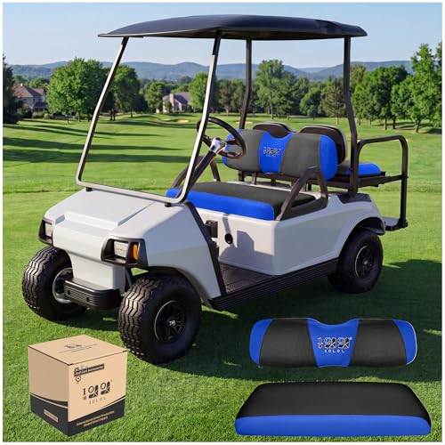 10L0L Golf Cart Seat Covers, Super Comfort Cooler Than Vinyl Seat Cover, Front and Rear Seat Cover for Yamaha EZGO Club Car, No Drilling Breathable Mesh Bench Seat Blanket, Machine Washable - color: Black + Blue, style: Front Seat - For EZGO TXT & RXV & C