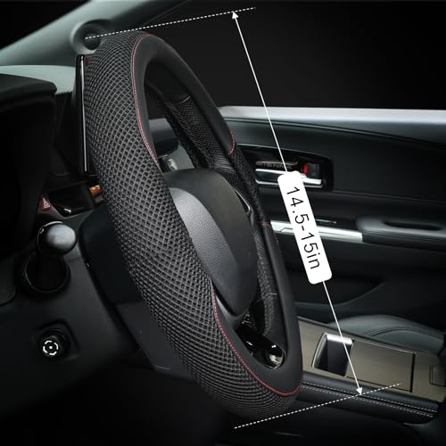 15 Inch Steering Wheel Cover, Cooling Ice Silk，Premium Microfiber Leather Hybrid Design, Anti-Slip Rubber Inner, Breathable, Universal Fit for 14.5-15" Auto Steering Wheels, Black