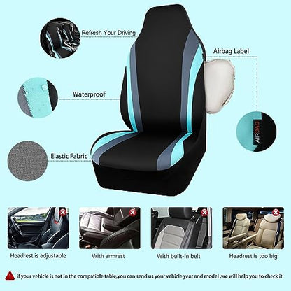 CAR PASS AquaShield Neoprene Waterproof Car Seat Covers Front Seats Only, High Back Bucket Seat Covers,Airbag Compatible,Seat Covers for Women Girl, Universal Fit for Auto Truck Van SUV (Black Mint) - color: Black and Mint Blue