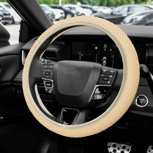 Elastic Stretch Steering Wheel Cover, Steering Wheel Protector, 15 Inch Anti-Slip Breathable Microfiber Ice Silk Protection, Easy Carry, Warm in Winter & Cool in Summer for Cars (Beige) - color: Beige