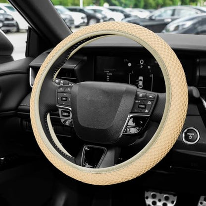 Elastic Stretch Steering Wheel Cover, Steering Wheel Protector, 15 Inch Anti-Slip Breathable Microfiber Ice Silk Protection, Easy Carry, Warm in Winter & Cool in Summer for Cars (Beige) - color: Beige