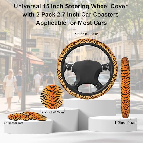 Tiger Stripes Steering Wheel Cover with 2 PCS Cup Coasters for Car,Animal Skin 15 Inch Non-Slip Neoprene Steering Wheel Covers,Breathable Car Accessories Fit for Men Women - color: Tiger Stripes