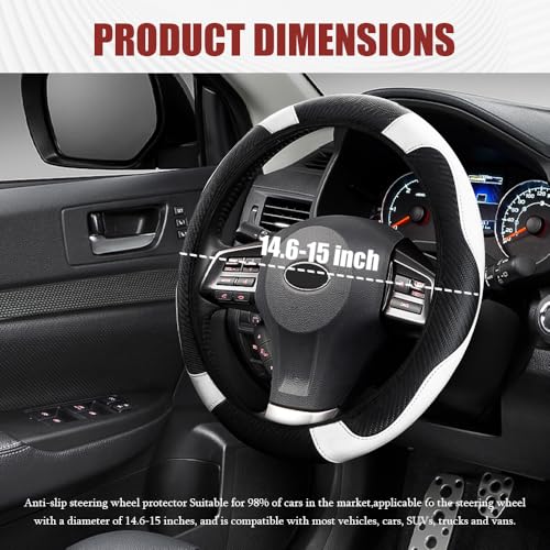 Car Steering Wheel Cover, Steering Wheel Protector, Universal 14.5-15 Inch Microfiber Leather Breathable Auto Steering Wheel Covers, Carbon Fiber Steering Wheel Cover for Women Men (White) - color: White