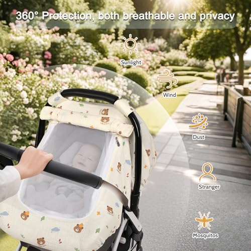 Muslin Car Seat Cover Baby - Breathable and Privacy Car Seat Canopy with 3 Modes - Easy Install & Gift Box Packaging, Universal Fit for Infant Car Seats, Bear