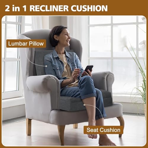 Recliner Cushion for Elderly with Lumbar Support Pillow - 20x20x5 Inch Extra Thick Recliner Seat Cushion for Seniors Relief Back Pain and Tailbone Pain from Long Sitting Non-Slip Bottom