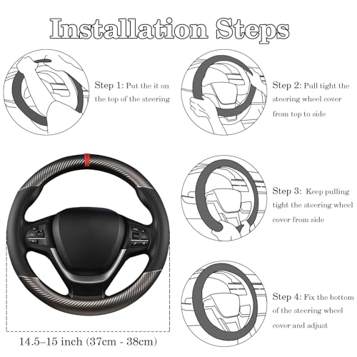 Black & Grey Carbon Fiber Leather Steering Wheel Cover, Microfiber Leather, Anti-Slip, Breathable, Universal Fit for 14.5–15 in Steering Wheel Cover for Men Women - color: Splicing Carbon Fiber - Black and Grey