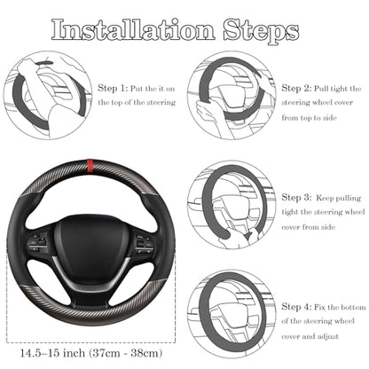 Black & Grey Carbon Fiber Leather Steering Wheel Cover, Microfiber Leather, Anti-Slip, Breathable, Universal Fit for 14.5–15 in Steering Wheel Cover for Men Women - color: Splicing Carbon Fiber - Black and Grey