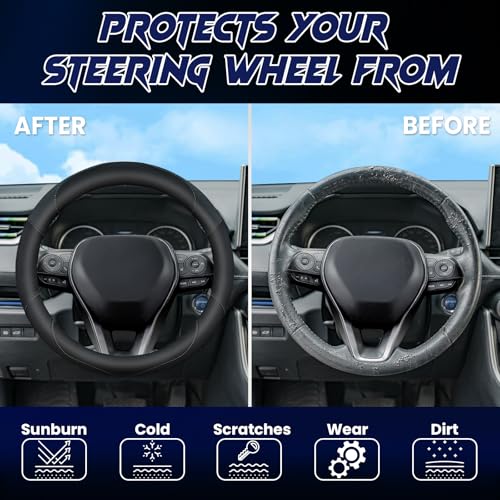 Soft Leather Steering Wheel Cover with Breathable Design and Anti-Slip Grip, Fully Compatible with Tesla, Toyota, Honda, Nissan 14.5-15.2 inch Round Steering Wheel（Sedans and SUVs） - color: DOUBLE-BLACK