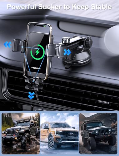 Wireless Car Charger, MOKPR 15W Fast Charging Auto Clamping Dashboard Windshield Air Vent Car Phone Holder Car Charger for iPhone 16 15/14/13/12 Pro Max Plus, Samsung S23/S22/S21,etc - style: Windshield