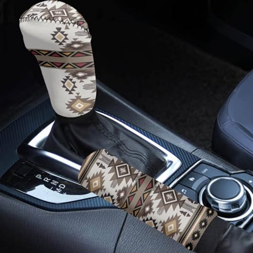Geometric Brown Print 2 PCS Car Handbrake Cover Car Handbrake Cover fSetor Women Men, Elastic Universal Case Sleeve Hand Protector Vehicle Interior Accessories - color: Geometric Brown