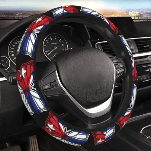 Butterfly Cuban Flag Breathable Neoprene Steering Wheel Cover - Anti-Slip Floral Design Universal Fit for Cars/Trucks/Suvs (14.5"-15" Inch) - color: Butterfly Cuban Flag
