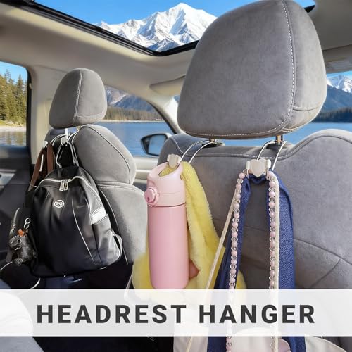 Heavy Duty Car Seat Headrest Hooks for Purse, Backpack Grocery Bags-2 PackMetal Auto Backseat Organizer with Non-Slip Rubber Covers – Multi-Purpose Hanging Hooks for Home, Office & Door
