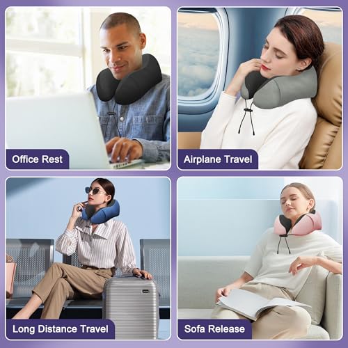 Neck Travel Pillow, Upgraded Memory Foam Pillow for Airplane, Machine Washable, Adjustable Flight Pillow, Suitable for Sleeping Airplane, Car, Office and Home (Blue)
