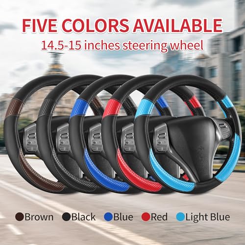 Non-Slip Car Nappa Leather Steering Wheel Cover,Universal Car Accessories Women Men Fit 14" 1/2-15" Suvs/Vans/Sedans/Cars/Trucks,Light Blue - color: Black Light Blue