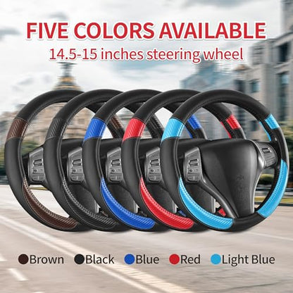 Non-Slip Car Nappa Leather Steering Wheel Cover,Universal Car Accessories Women Men Fit 14" 1/2-15" Suvs/Vans/Sedans/Cars/Trucks,Light Blue - color: Black Light Blue
