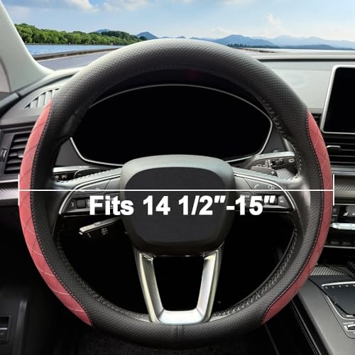 LKWLIKEI Nappa Leather Steering Wheel Cover,Elegant Diamond Checkered Design, Non-Slip wear-Resistant, Enhance Driving Comfort, Suitable for Steering Wheel Diameter 14 1/2‘-15’ Models - color: Black and burgundy