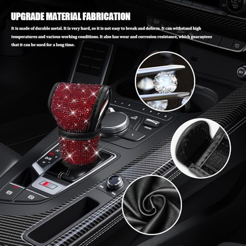 Bling Auto Gear Shift Knob Cover, Car Shifter Cover, Sparkly Crystal Rhinestones Gear Shift Knob Cover for Women Girls, PU Leather Shift Gear Cover with Bling Accessories Fit Cars (Red) - color: Red