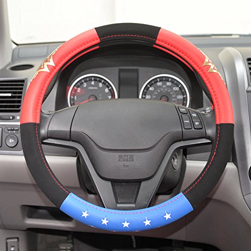 BDK Wonder Woman Steering Wheel Cover - Synthetic Leather - Stars & Gold Logo - Fits All Standard Size Wheel 15 Inch, Model Number: WBSW-1904 - style: Wonder Woman - Three tone
