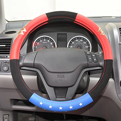 BDK Wonder Woman Steering Wheel Cover - Synthetic Leather - Stars & Gold Logo - Fits All Standard Size Wheel 15 Inch, Model Number: WBSW-1904 - style: Wonder Woman - Three tone