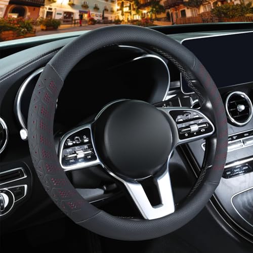 3D Premium Skin-Feel Leather Small Car Steering Wheel Cover, Anti-Slip Breathable Soft Slim Design, 13.5 inch to 14 inch, Black with Red - color: Black with Red, size: Round-Small[13.5''-14'']
