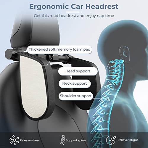 Adjustable Car Headrest Pillow, Road Pal Headrest, U-Shaped Travel Sleeping Pillow for Kids & Adults, Head Neck Support Only Suitable for Car Seat Headrest with Poles, Black - color: Black