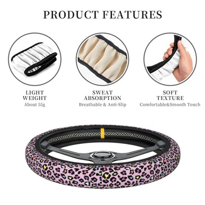 Pink Leopard Print Neoprene Steering Wheel Cover for Men Women Anti-Slip Elastic Steering Wheel Protective Cover 15in Universal Car Accessories Fit Cars, SUVs, Auto - color: Pink Leopard Print