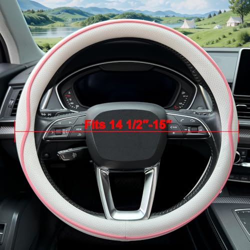 HAOTULE Leather Steering Wheel Cover， with Anti-Slip Stripe Design - Enhanced Grip, Fashion Style, Safe, Non-Slip, Breathable. Upgrade car Interior，White Pink - color: White Pink
