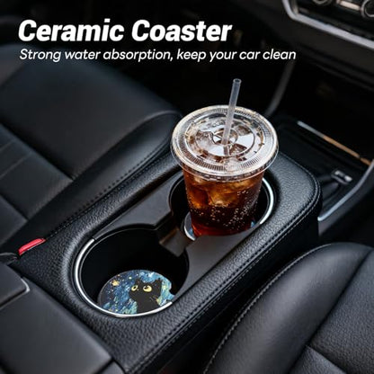 Car Cup Holder Ceramic Coasters 2 Pack, 2.56 in Anti Slip Absorbent Coaster with Cork Base and Finger Notch, Funny Cute Car Accessories Interior for Women, Black Cat