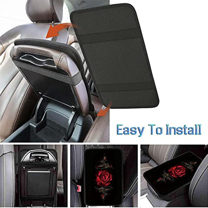Auto Center Console Cover Pad+ 2 Coasters, Stylish Pattern Soft Car Armrest Cover Auto Center Console Pad, Car Decorative Accessory Universal Fit for Most Car/SUV/Truck, Red Rose