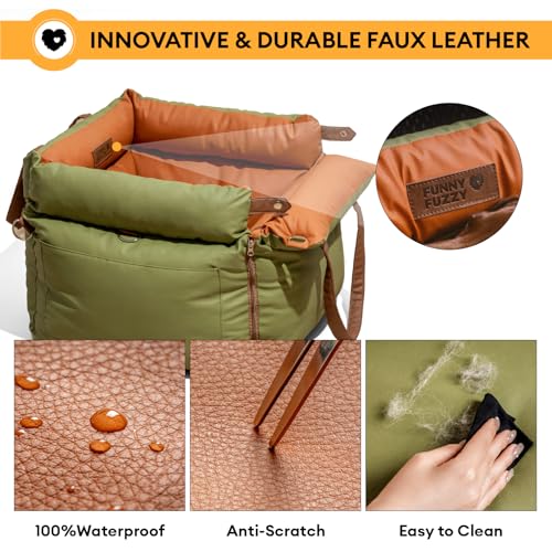 FUNNYFUZZY Luxury Dog Car Seat for Small Medium Dogs Under 35 lbs, Waterproof Leather Pet Booster Seat with Safety Leash & Anti-Slip Base, Fully Padded Dog Car Bed, Portable Puppy Carrier(Green)