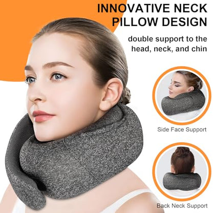 Travel Pillow - Hooded Neck Pillow Airplane Memory Foam Filling for Plane, Office, Cars Sleeping, Road Trip, Long Flights, Airplane Travel Essentials, Includes Eye Mask & Earplugs (Dark Gray) - color: Dark Gray
