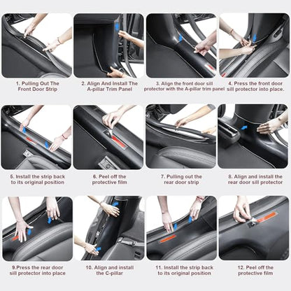 8PCS Door Sill Protector for 5-Seats Tesla Model Y Juniper 2025-2026 - Anti-Kick Carbon Fiber Pattern Entry Guard - Anti-Scuff Waterproof Door Cover - No Drill Installation ABS Hard Interior Kick Pad