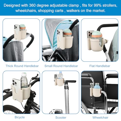 Accmor Stroller Cup Holder with Phone Holder, Bike Cup Holder, Universal Cup Holder for Uppababy Nuna Doona Strollers, 2-in-1 Cup Holder for Walker, Wheelchair, Scooter - color: All Off White