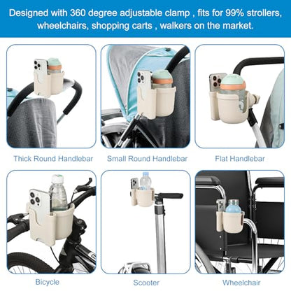 Accmor Stroller Cup Holder with Phone Holder, Bike Cup Holder, Universal Cup Holder for Uppababy Nuna Doona Strollers, 2-in-1 Cup Holder for Walker, Wheelchair, Scooter - color: All Off White