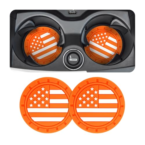 AUCELI 2 Pack Car Cup Holder Coasters, Colored American Flag US Flag Insert Car Cup Coaster, 2.75 Inch Anti Slip Shockproof Embedded Drink Mat, Vehicle Interior Decor Accessories - color: Orange/Flag, size: 2PCS