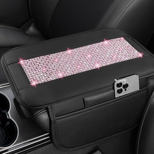 NBTEPEM Bling Car Armrest Cover, Universal Microfiber Leather Center Console Cover with 2 Pockets, Rhinestone Car Armrest Cushion Protector, Bling Accessories Interior for Most Vehicles (Pink Diamond) - color: Pink Diamond