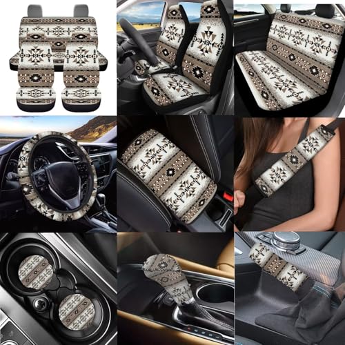 Dreaweet Tribal Car Seat Covers Full Set Geometric Pattern Car Decor Universal Car Seat Covers with Steering Wheel Cover/Armrest Cover/Seat Belt Pads/Coasters/Gear Shift & Handbrake Cover,12 Pcs Set - color: Geometric Pattern