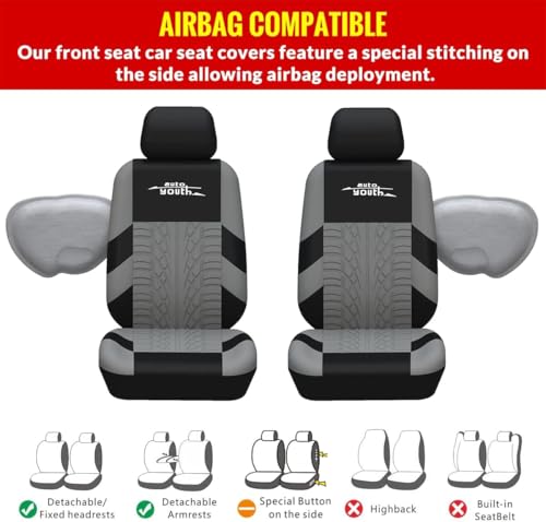 Gray Three Row Car Seat Covers Full Set (7 Headrests), 3D Tyre Embossed, Airbag Compatible, Universal Fit for Car, Truck, SUV (7 Passenger) - color: Black & Gray, size: Three Row Set (7 pieces)