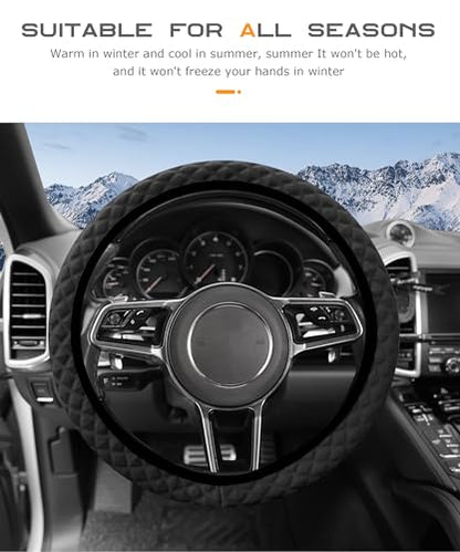 SCUARI 15” Steering Wheel Cover,Car Accessories Steering Wheel Cover Women,Microfiber Breathable Ice Silk Car Steering Wheel Cover,Elastic Stretch Steering Wheel Covers,Fits SUVs,Cars,Trucks (Black)